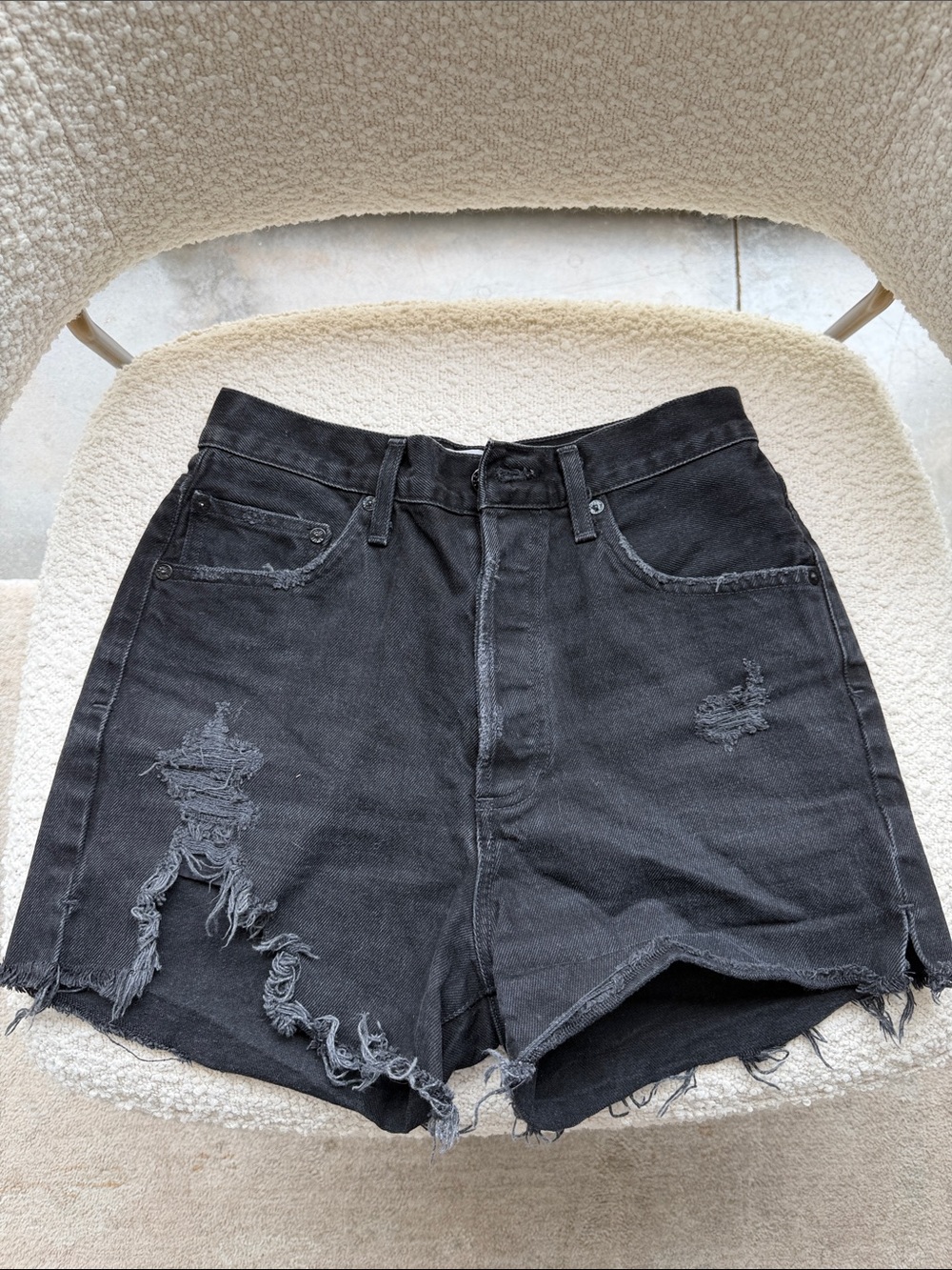 Agolde Black Distressed High-Rise Denim Shorts